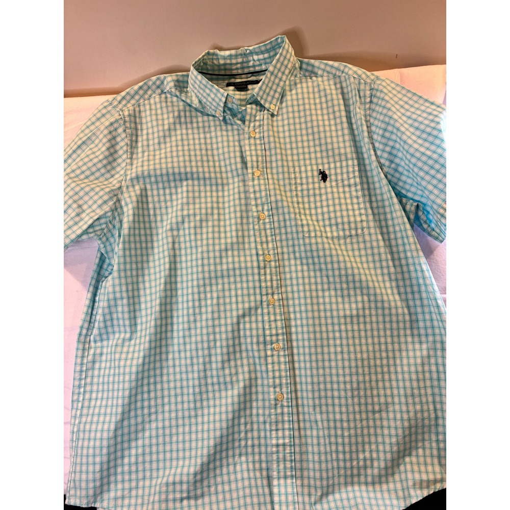 US Polo Assn Mens XLT Short Sleeve Button Down Shirt Teal Plaid Cotton Blend